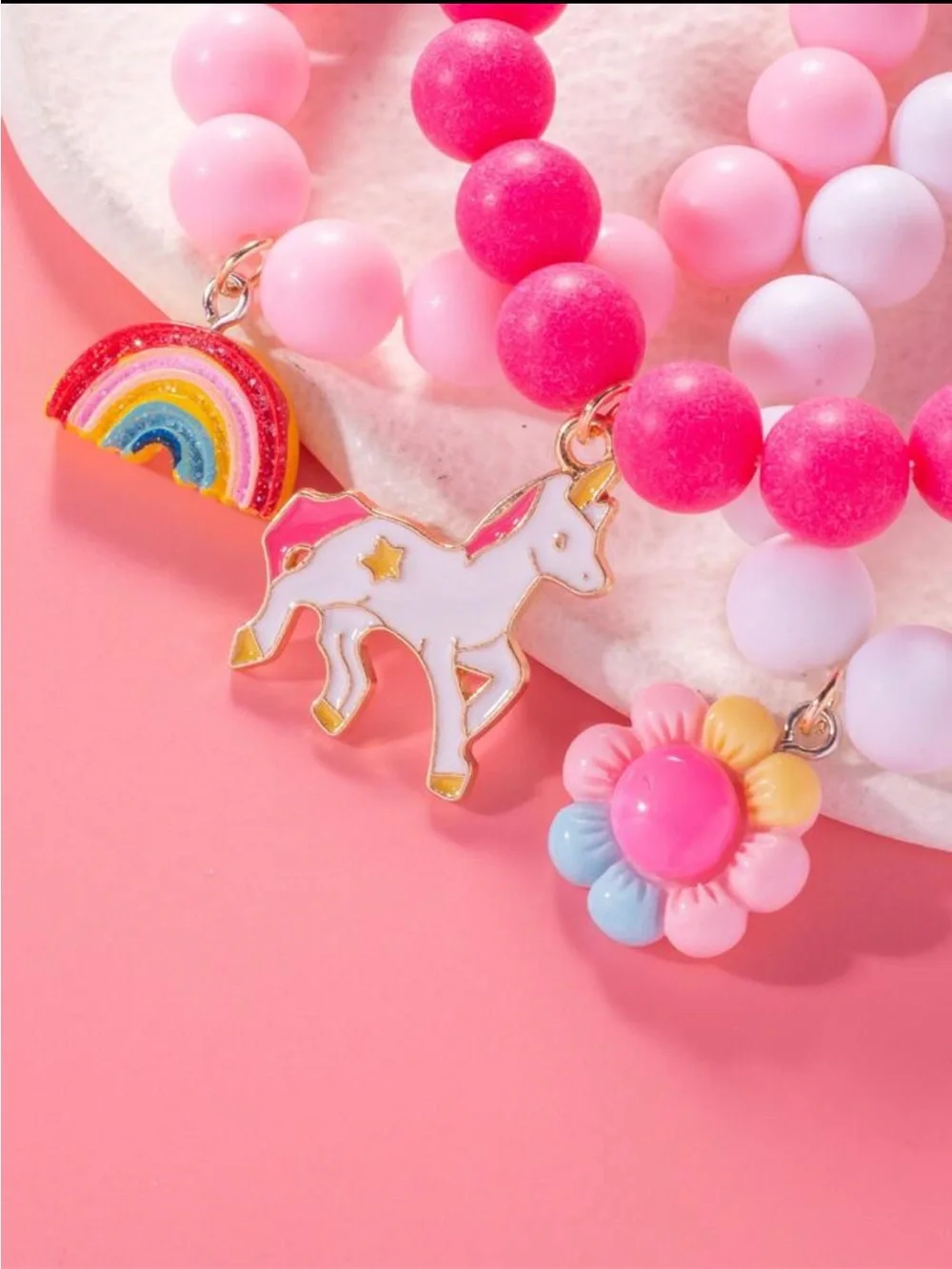 🦄🌸🌈 GIRLS 3 PIECE PINK UNICORN BRACELETS WITH UNICORN, FLOWER & RAINBOW CHARMS❗️